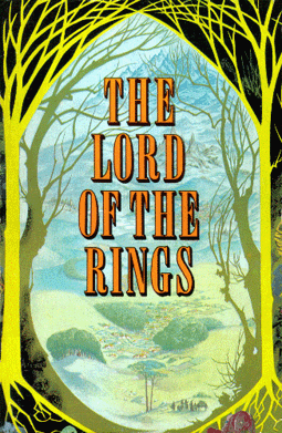 The cover of the Unwin edition of The Lord of the Rings displaying the title in orange letters, positioned in a clearing of trees and looking out at the horizon.