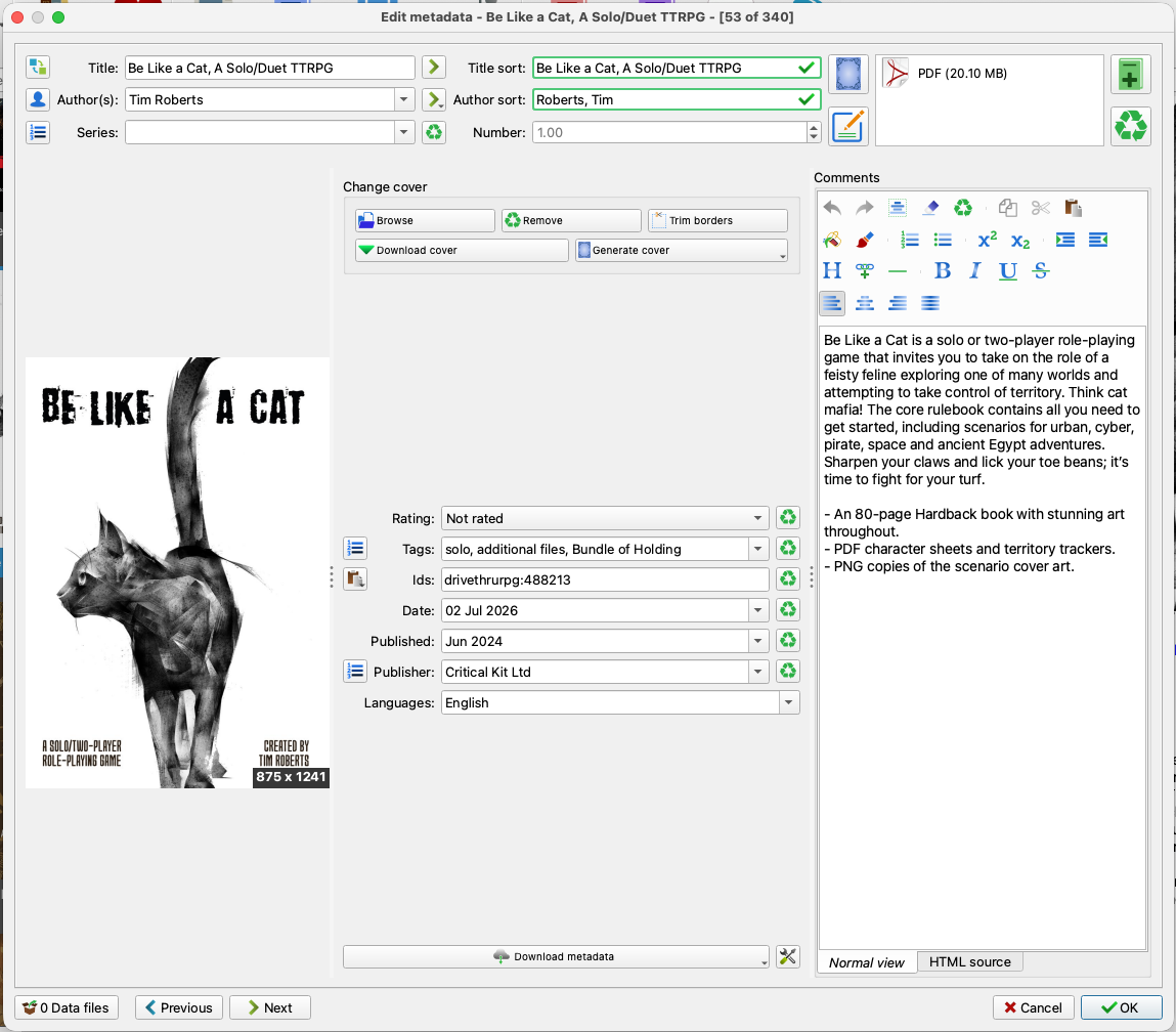 A screenshot of the metadata editing window in Calibre showing the entry in my library for Be Like A Cat from Critical Kit