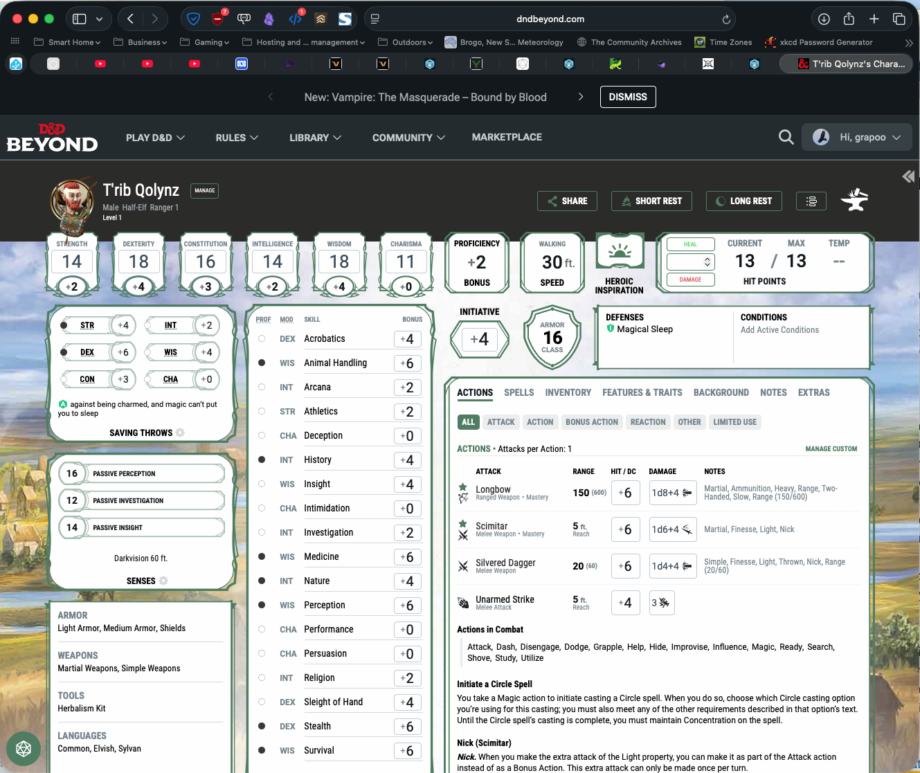 A screen grab of a character sheet on D&D Beyond