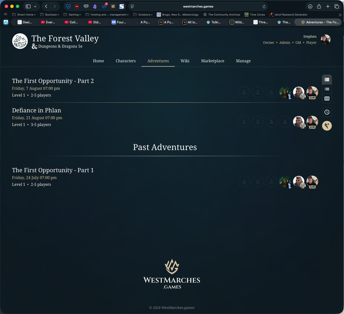 A screen grab from West Marches showing upcoming and past sessions.