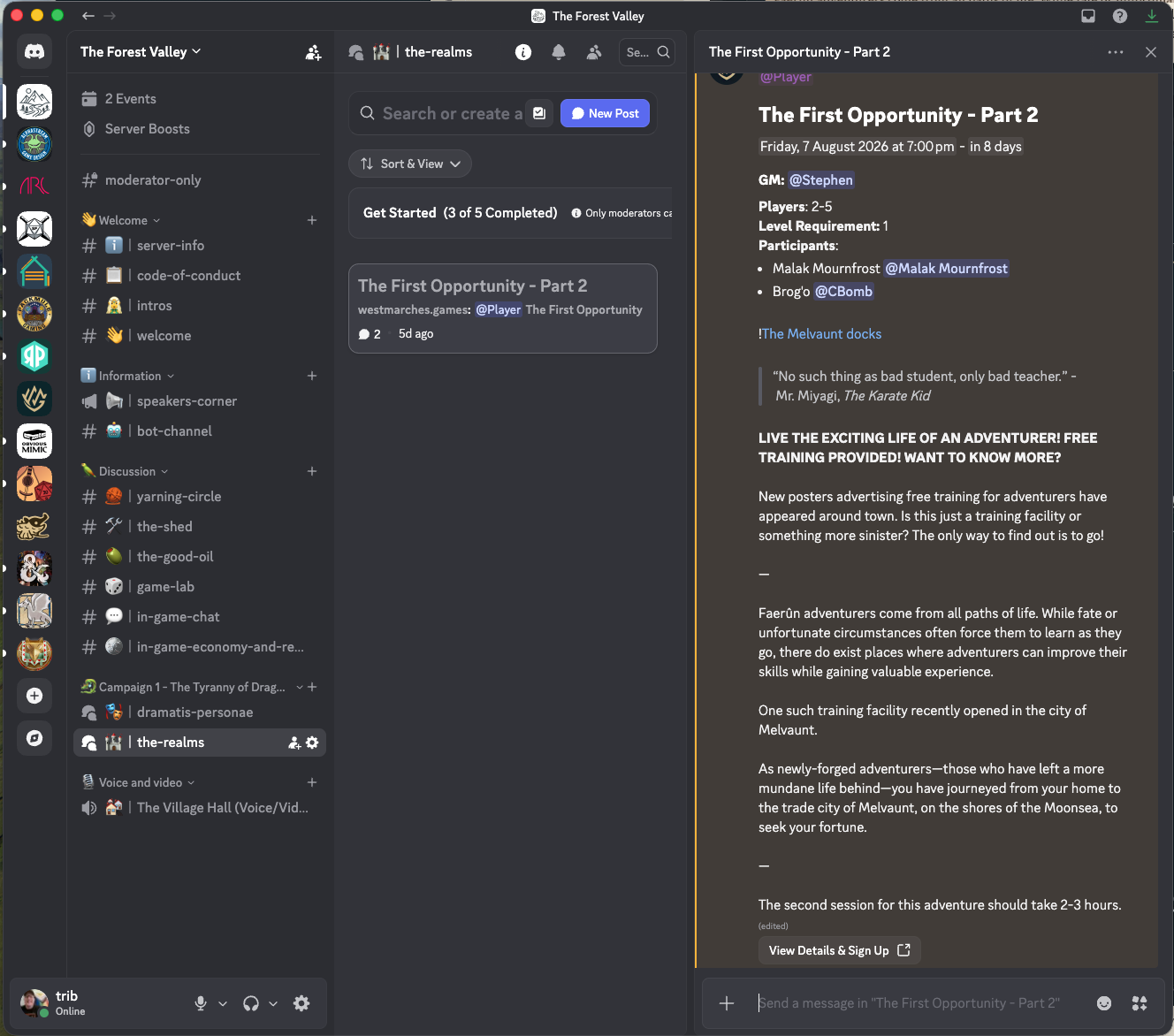 A screen grab from West Marches showing scheduled and past sessions.