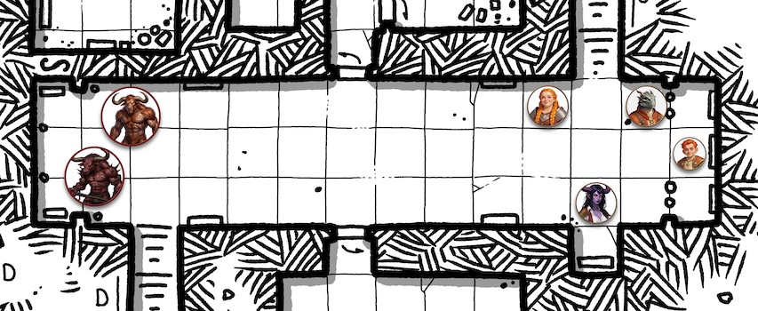 A close-up map of a hall in a dungeon with 4 PCs and two minotaurs.
